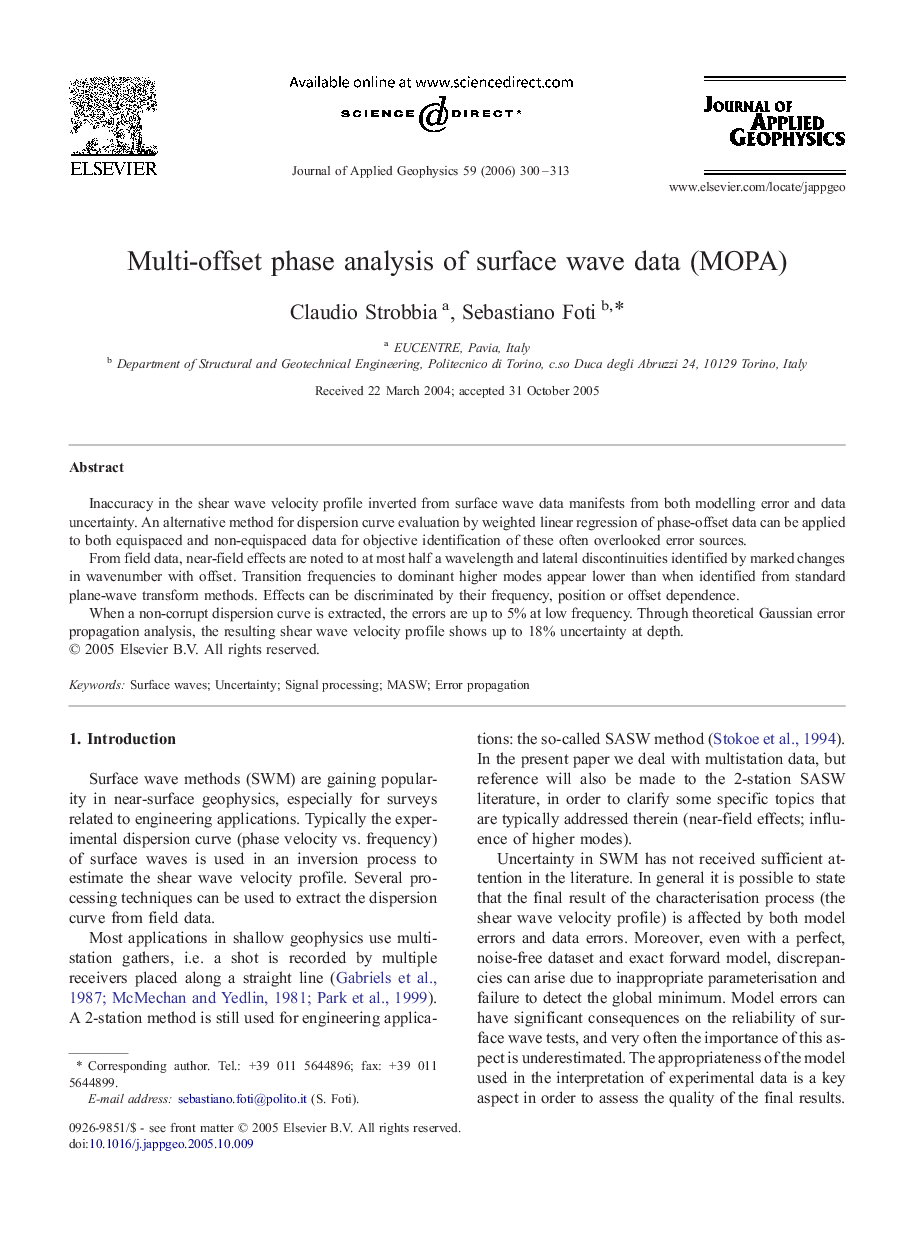 عکس صفحه اول مقاله: Multi-offset phase analysis of surface wave data (MOPA) Multi-offset phase analysis of surface wave data (MOPA)