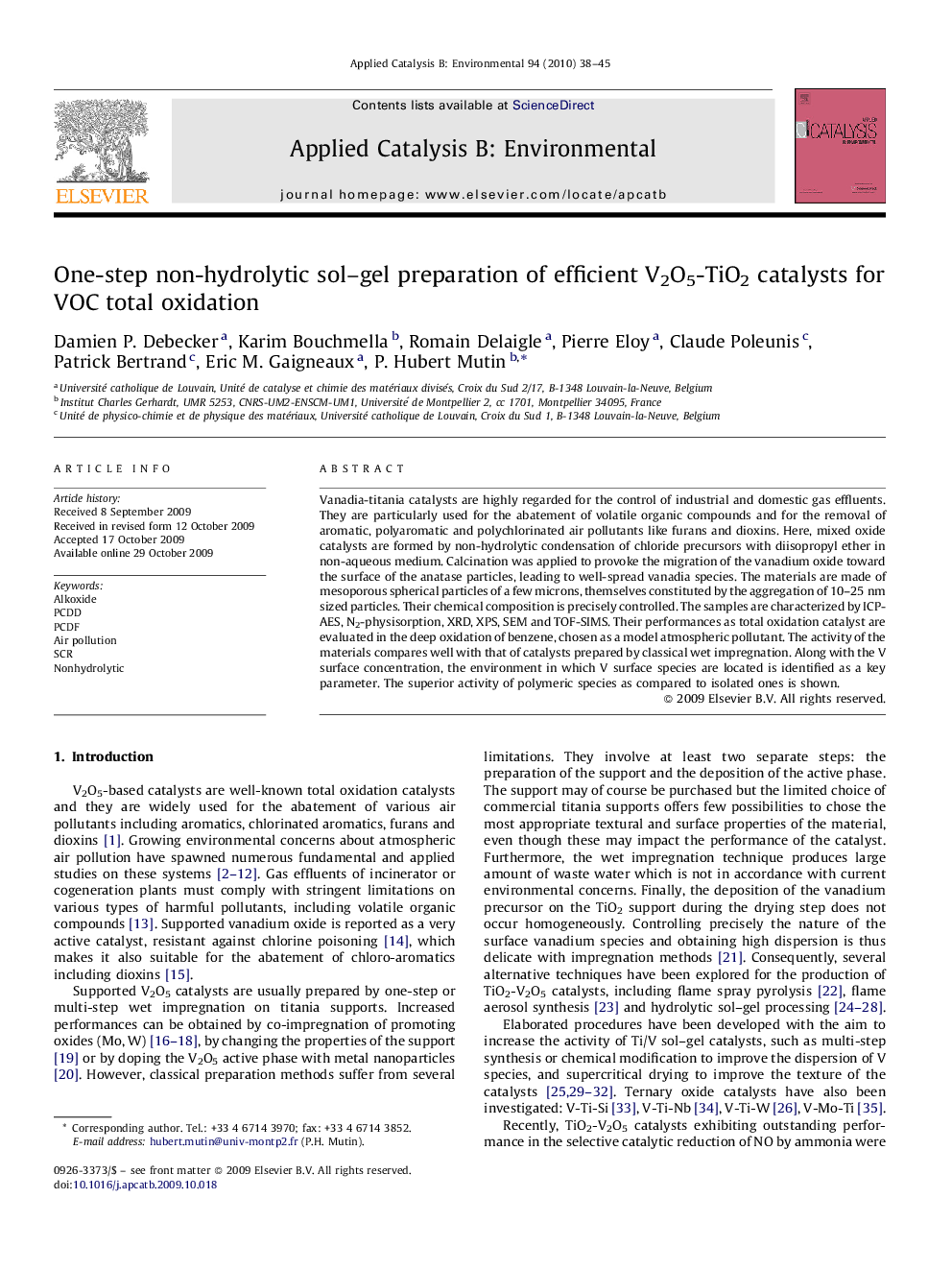 One-step non-hydrolytic sol–gel preparation of efficient V2O5-TiO2 catalysts for VOC total oxidation