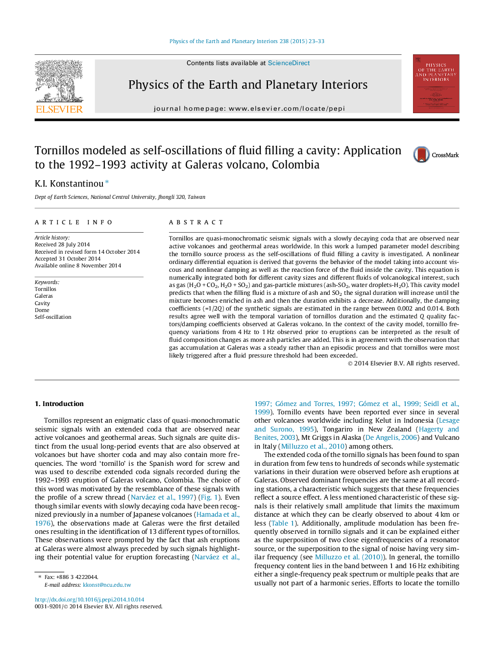 Tornillos modeled as self-oscillations of fluid filling a cavity: Application to the 1992–1993 activity at Galeras volcano, Colombia