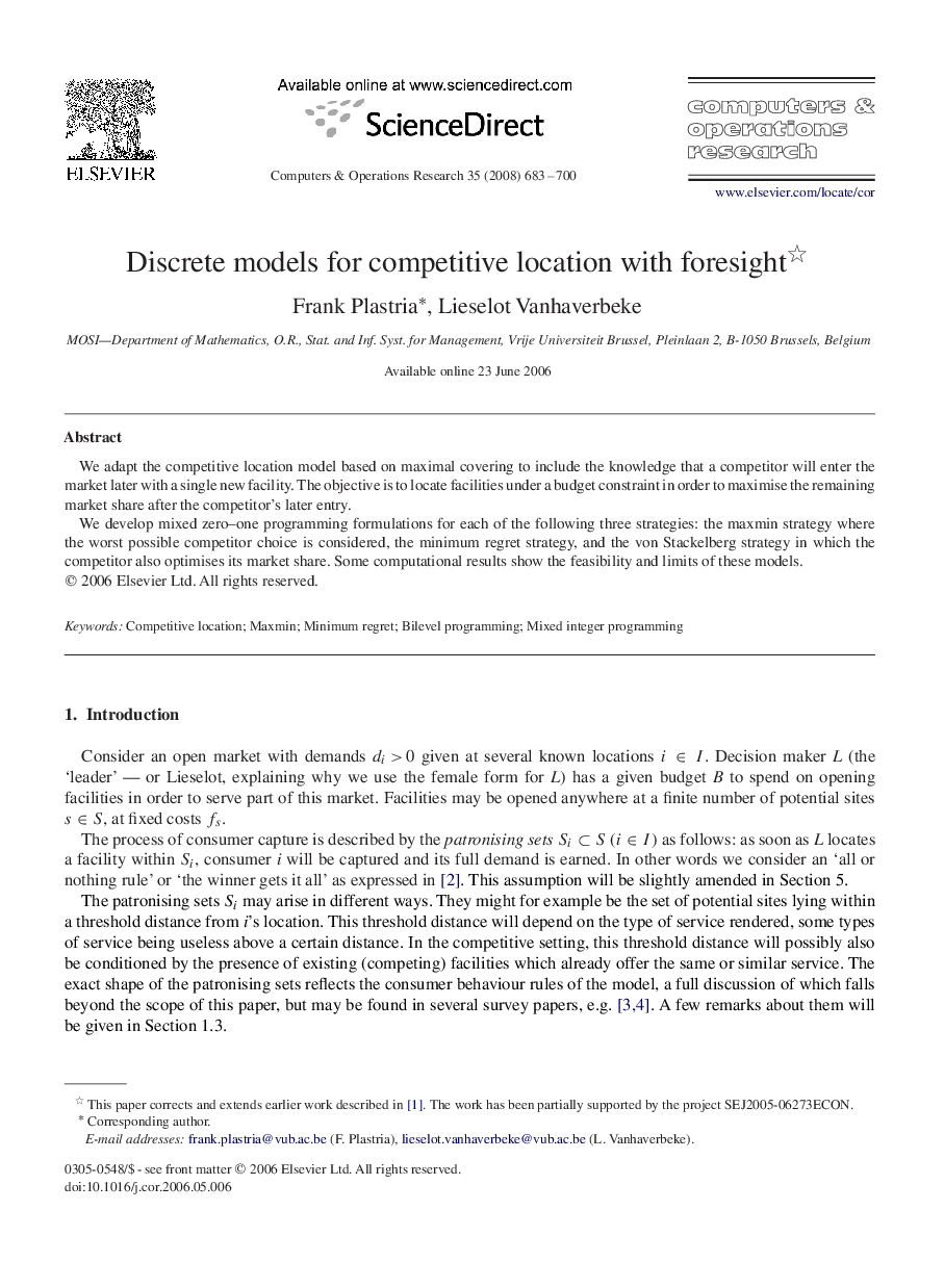 Discrete models for competitive location with foresight 