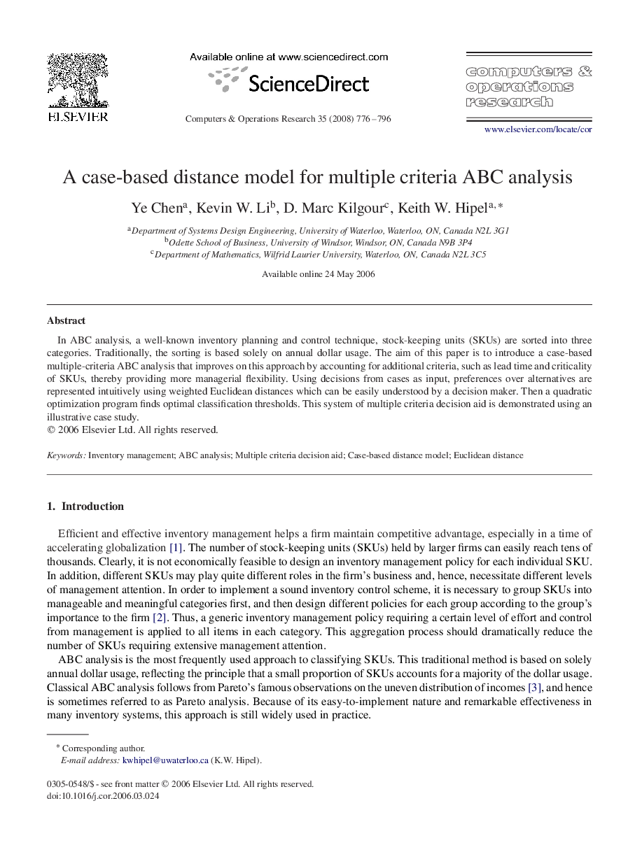 A case-based distance model for multiple criteria ABC analysis