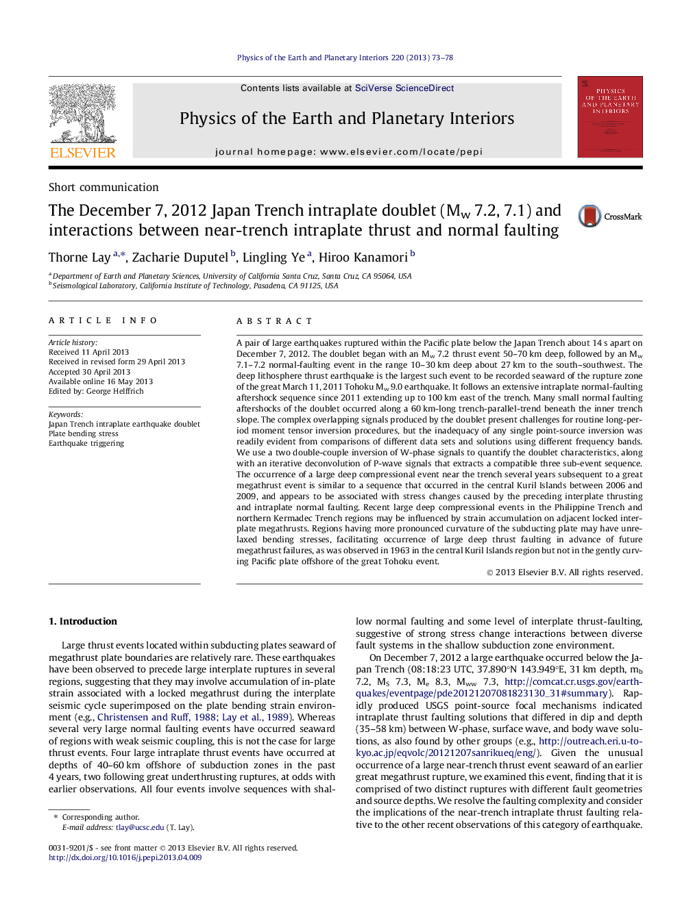 The December 7, 2012 Japan Trench intraplate doublet (Mw 7.2, 7.1) and interactions between near-trench intraplate thrust and normal faulting