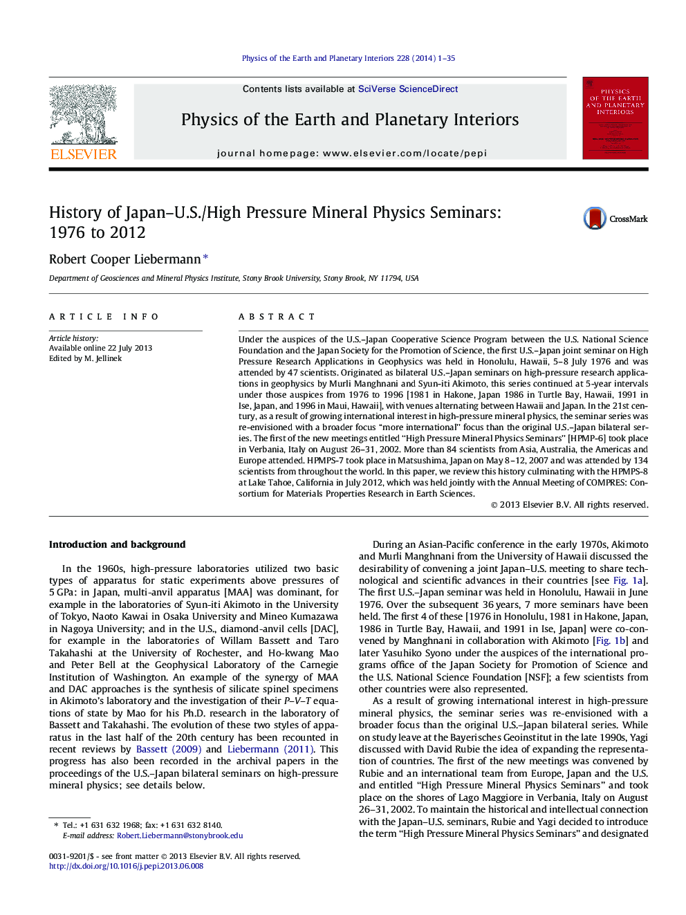 History of Japan–U.S./High Pressure Mineral Physics Seminars: 1976 to 2012
