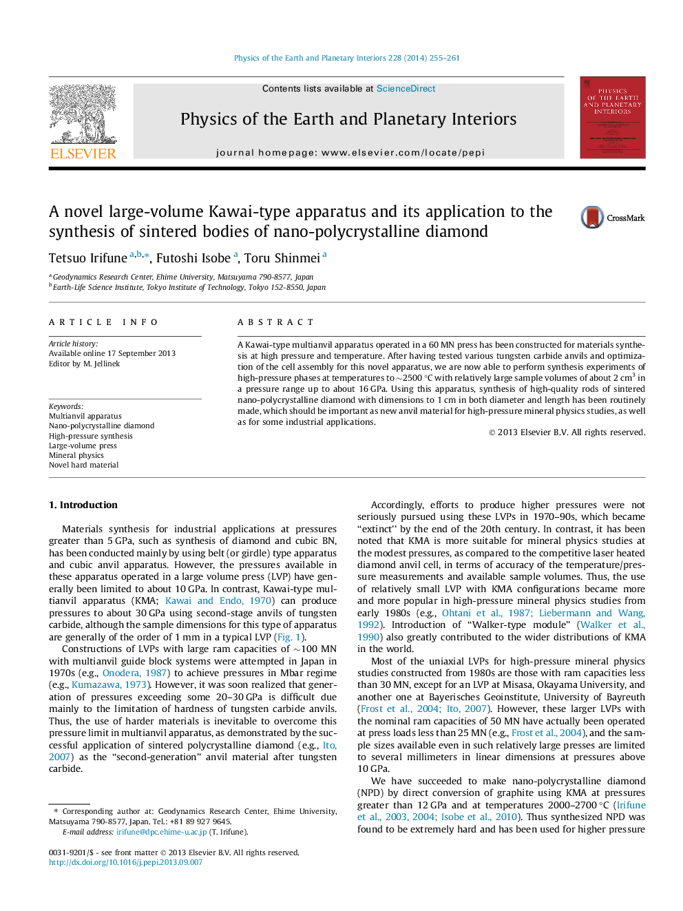 A novel large-volume Kawai-type apparatus and its application to the synthesis of sintered bodies of nano-polycrystalline diamond