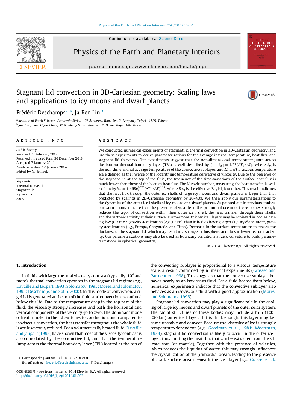 عکس صفحه اول مقاله: Stagnant lid convection in 3D-Cartesian geometry: Scaling laws and applications to icy moons and dwarf planets Stagnant lid convection in 3D-Cartesian geometry: Scaling laws and applications to icy moons and dwarf planets