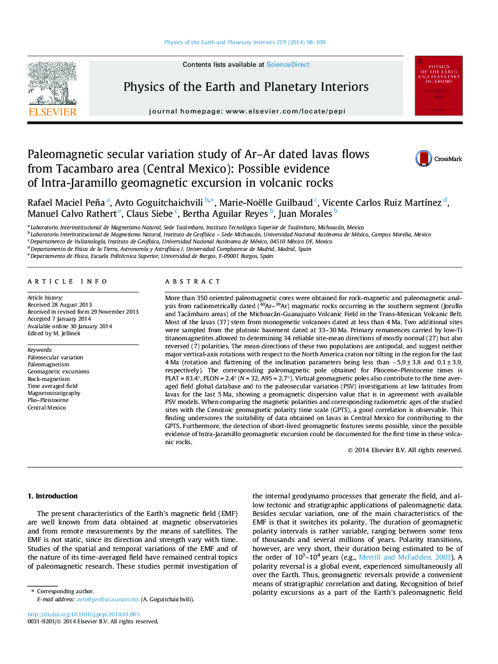 Paleomagnetic secular variation study of Ar-Ar dated lavas flows from Tacambaro area (Central Mexico): Possible evidence of Intra-Jaramillo geomagnetic excursion in volcanic rocks