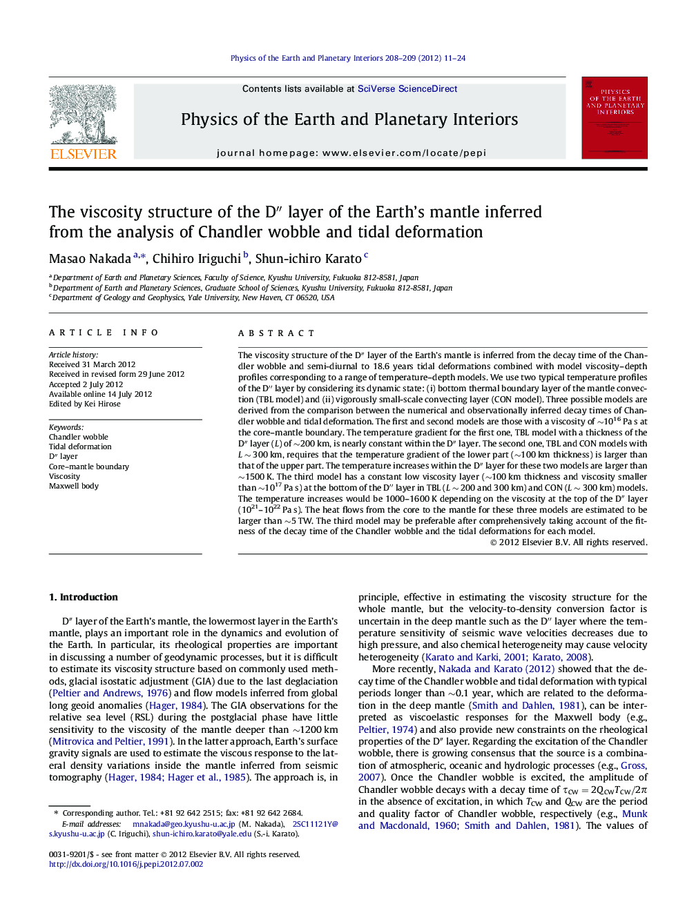 The viscosity structure of the D″ layer of the Earth’s mantle inferred from the analysis of Chandler wobble and tidal deformation