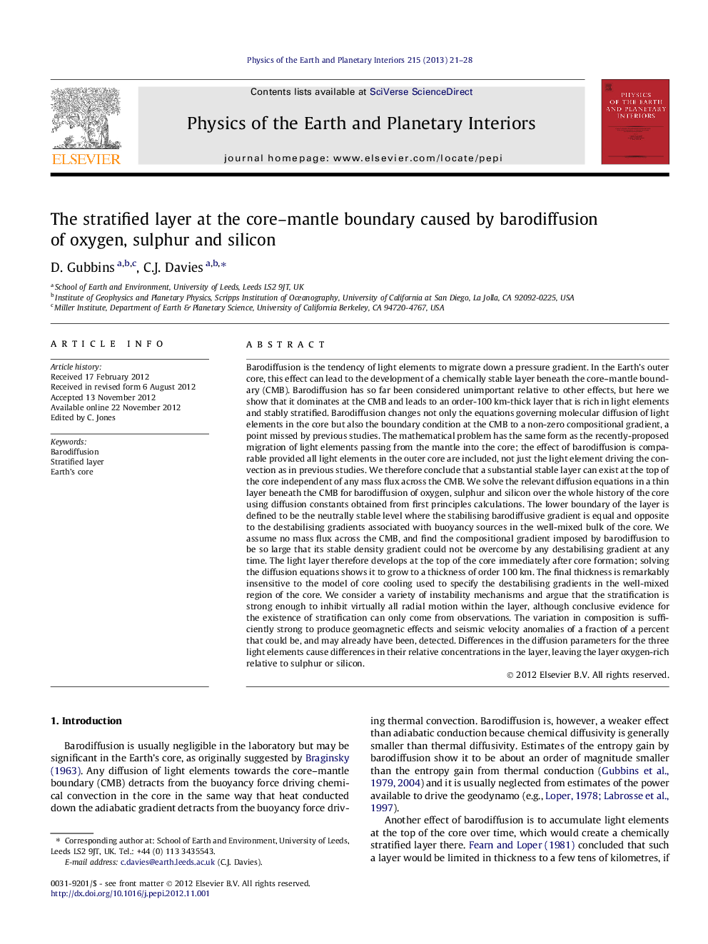 The stratified layer at the core–mantle boundary caused by barodiffusion of oxygen, sulphur and silicon