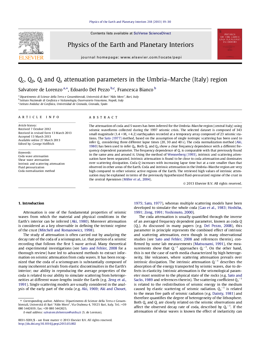 Qc, Qβ, Qi and Qs attenuation parameters in the Umbria–Marche (Italy) region