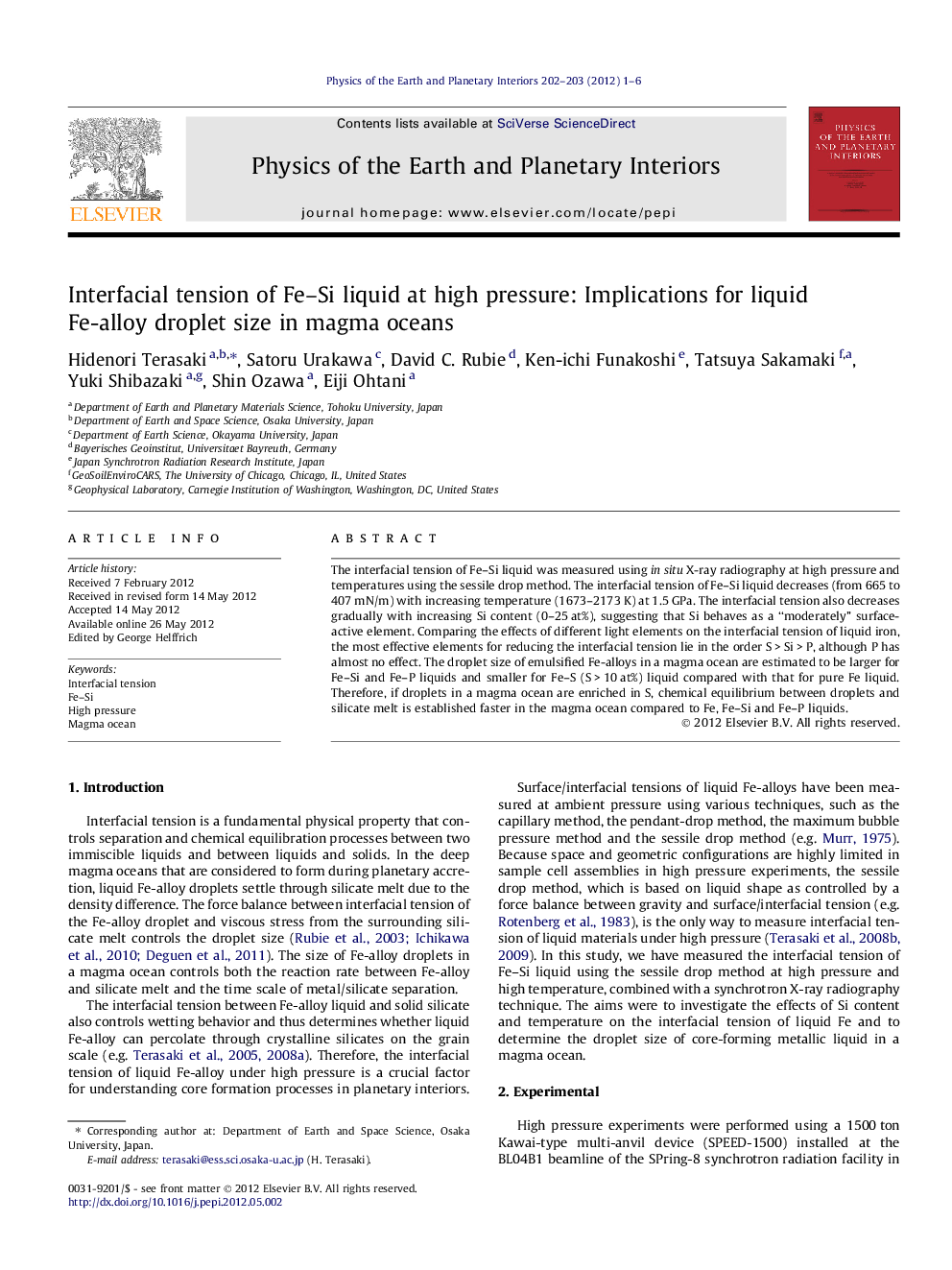 Interfacial tension of Fe–Si liquid at high pressure: Implications for liquid Fe-alloy droplet size in magma oceans