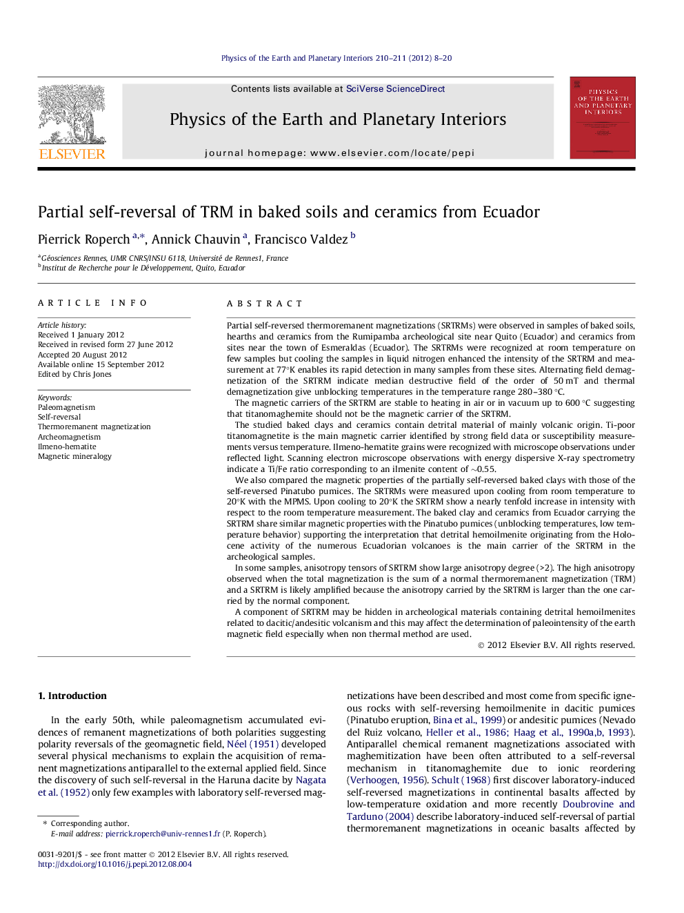 Partial self-reversal of TRM in baked soils and ceramics from Ecuador