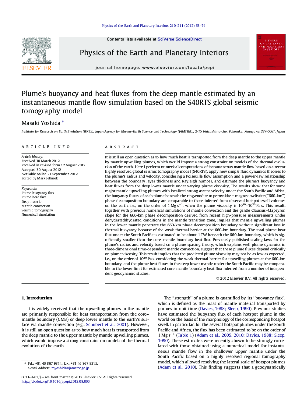 Plume’s buoyancy and heat fluxes from the deep mantle estimated by an instantaneous mantle flow simulation based on the S40RTS global seismic tomography model