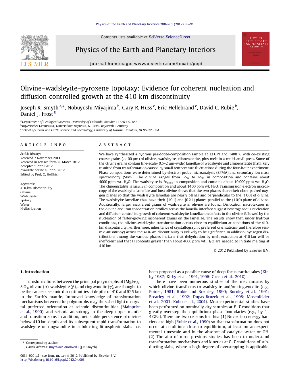 Olivine–wadsleyite–pyroxene topotaxy: Evidence for coherent nucleation and diffusion-controlled growth at the 410-km discontinuity