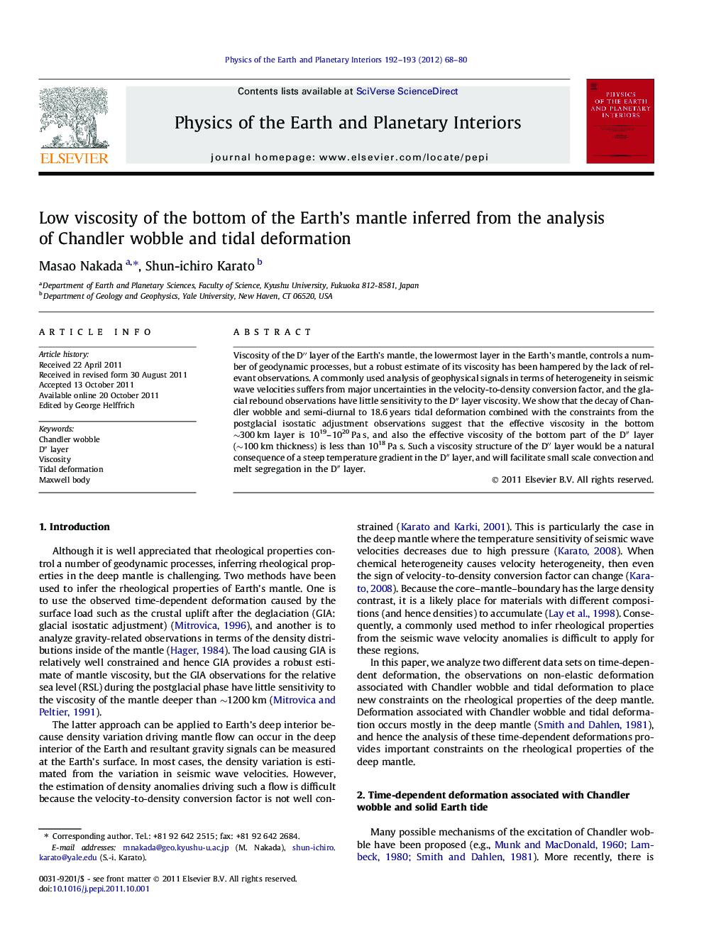 Low viscosity of the bottom of the Earth’s mantle inferred from the analysis of Chandler wobble and tidal deformation