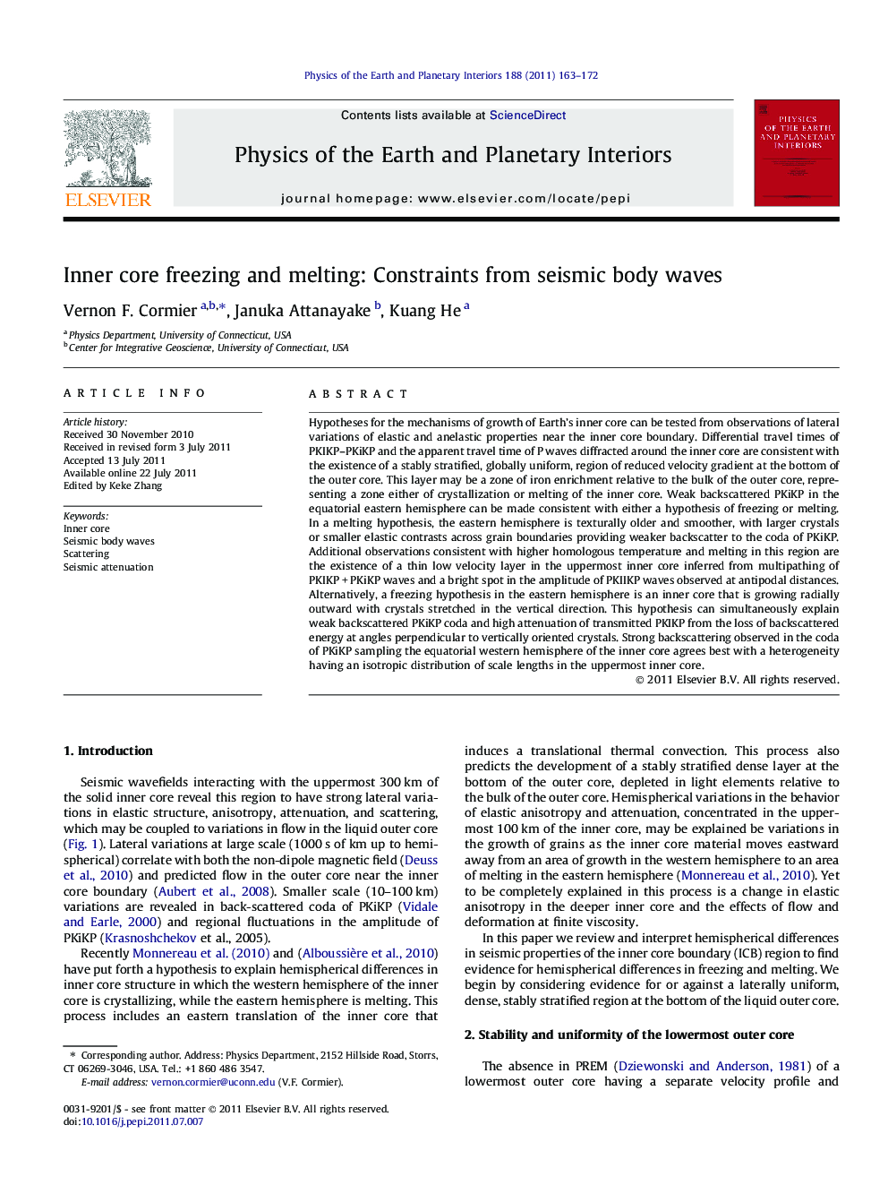 Inner core freezing and melting: Constraints from seismic body waves