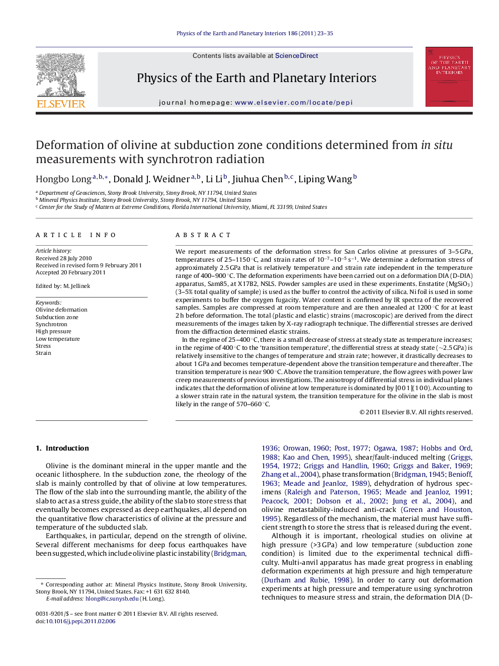 Deformation of olivine at subduction zone conditions determined from in situ measurements with synchrotron radiation