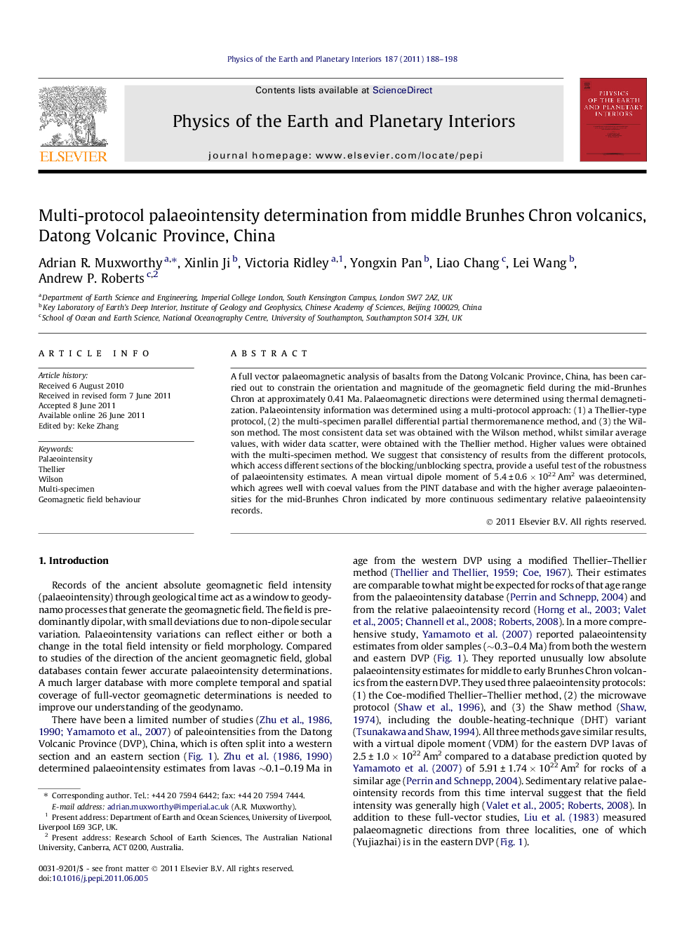 Multi-protocol palaeointensity determination from middle Brunhes Chron volcanics, Datong Volcanic Province, China