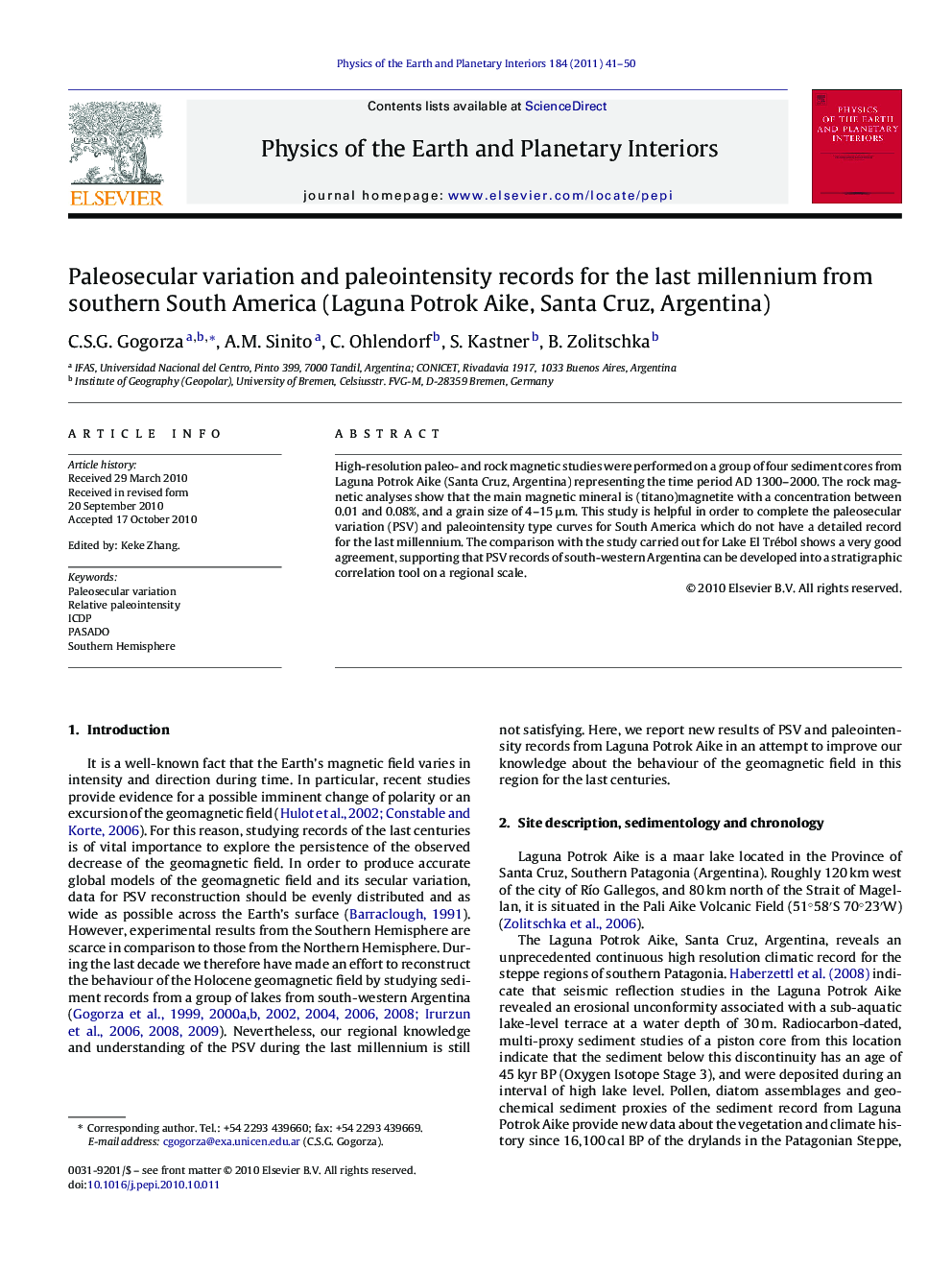 Paleosecular variation and paleointensity records for the last millennium from southern South America (Laguna Potrok Aike, Santa Cruz, Argentina)