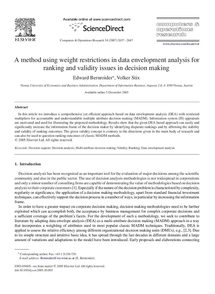 A method using weight restrictions in data envelopment analysis for ranking and validity issues in decision making