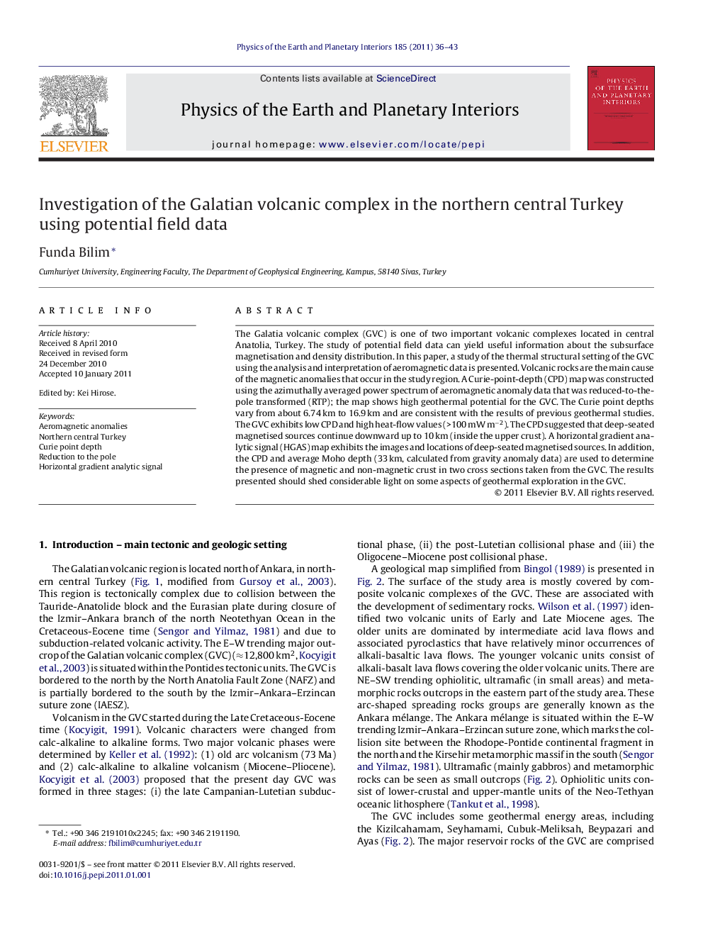 Investigation of the Galatian volcanic complex in the northern central Turkey using potential field data