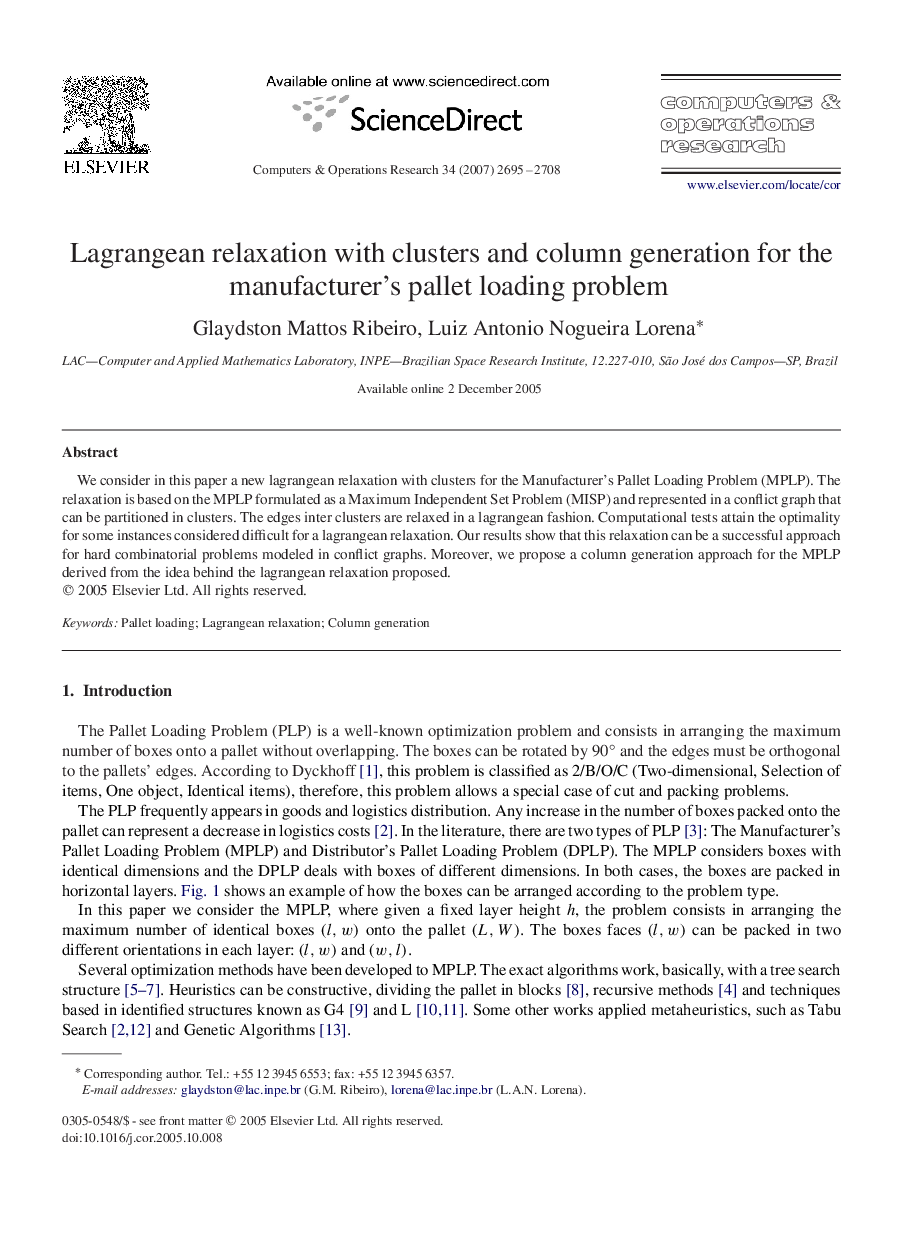 Lagrangean relaxation with clusters and column generation for the manufacturer's pallet loading problem