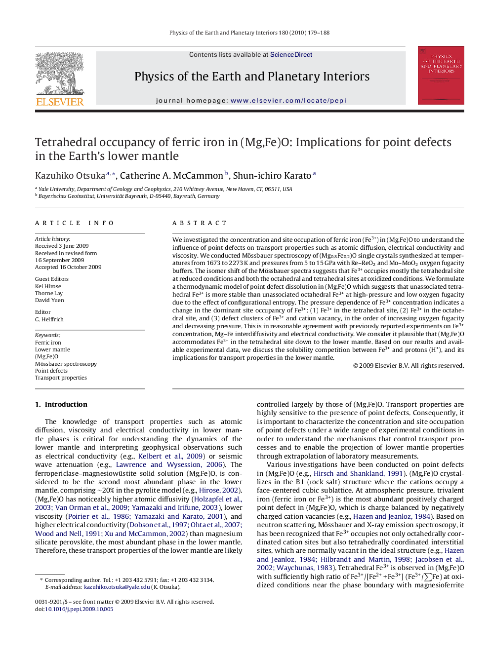 Tetrahedral occupancy of ferric iron in (Mg,Fe)O: Implications for point defects in the Earth's lower mantle