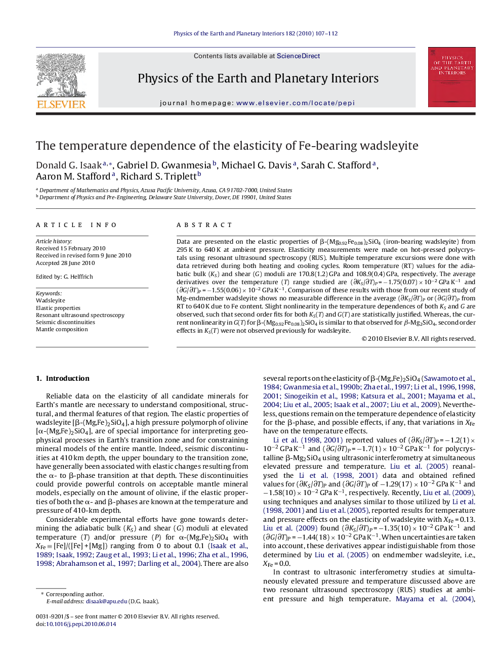 The temperature dependence of the elasticity of Fe-bearing wadsleyite