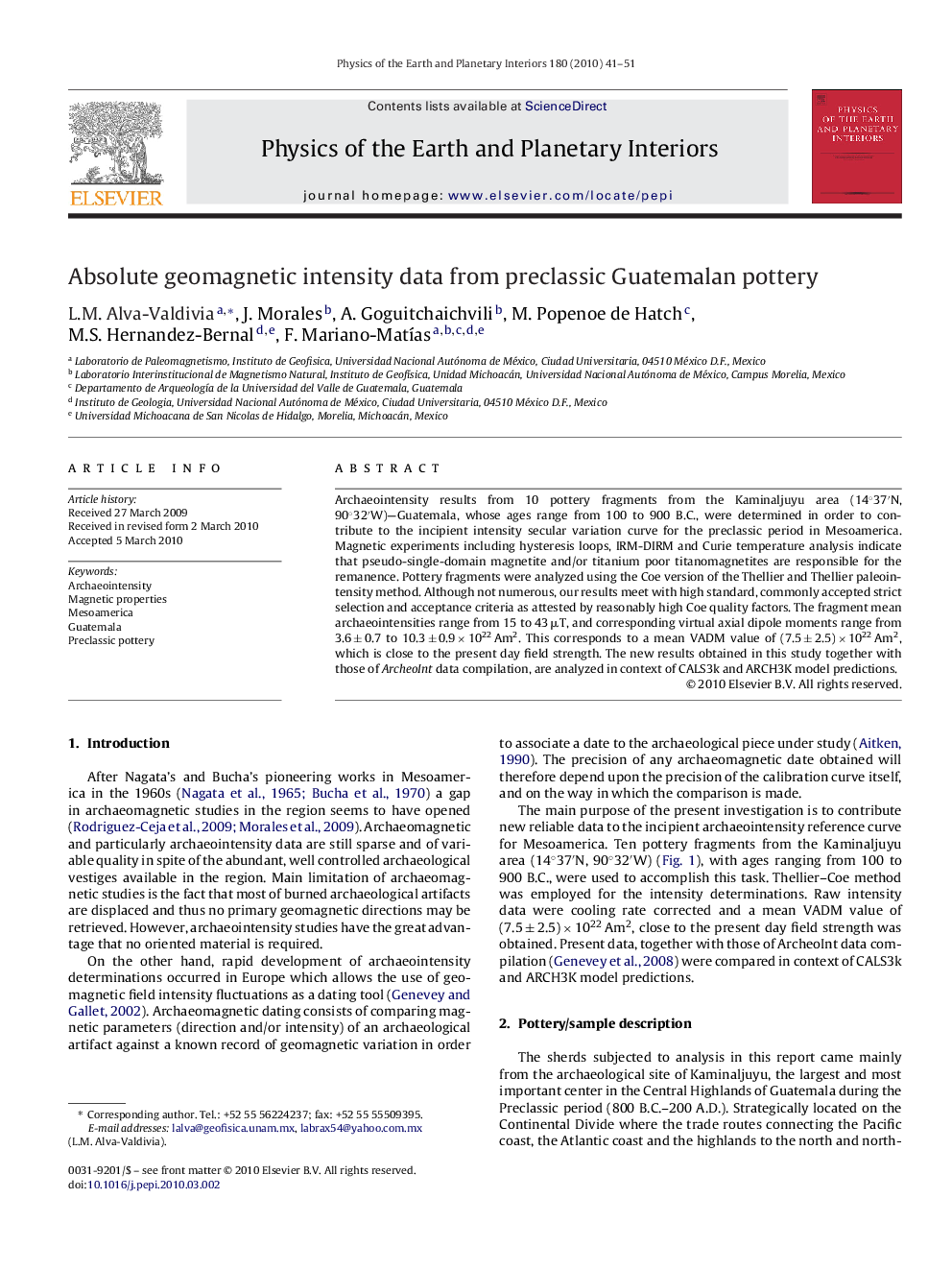 Absolute geomagnetic intensity data from preclassic Guatemalan pottery