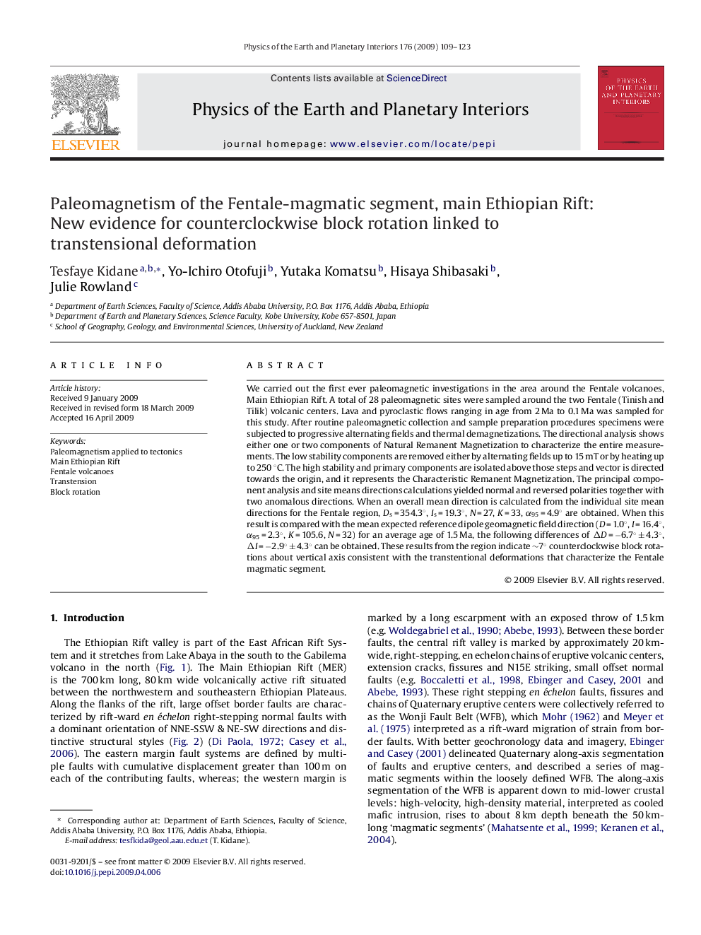 Paleomagnetism of the Fentale-magmatic segment, main Ethiopian Rift: New evidence for counterclockwise block rotation linked to transtensional deformation