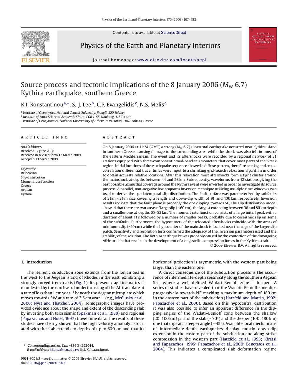 Source process and tectonic implications of the 8 January 2006 (Mw 6.7) Kythira earthquake, southern Greece