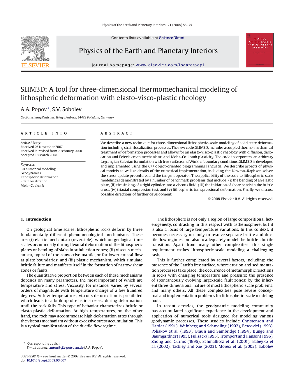 SLIM3D: A tool for three-dimensional thermomechanical modeling of lithospheric deformation with elasto-visco-plastic rheology