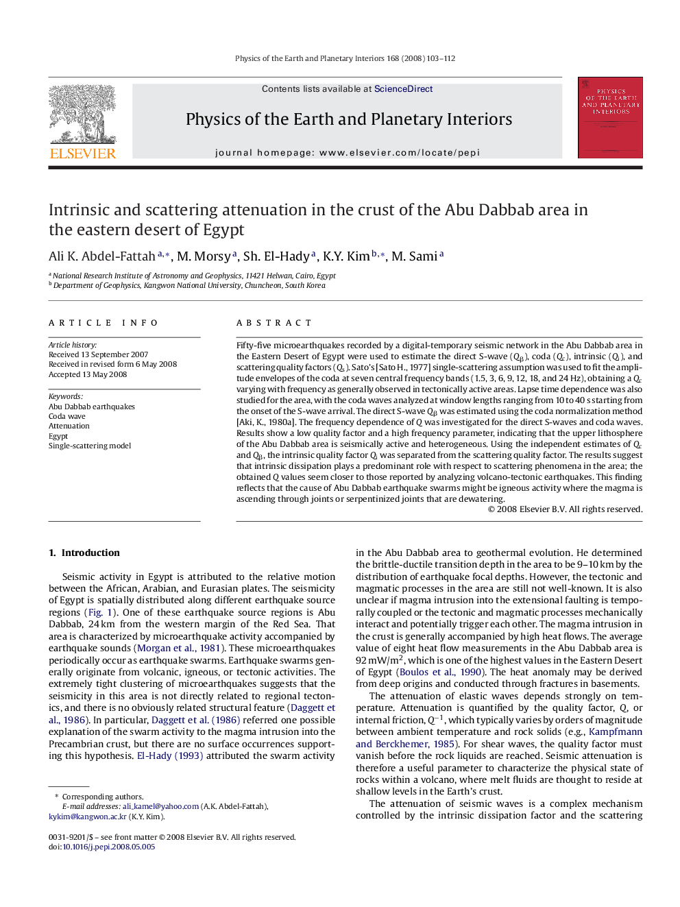 Intrinsic and scattering attenuation in the crust of the Abu Dabbab area in the eastern desert of Egypt