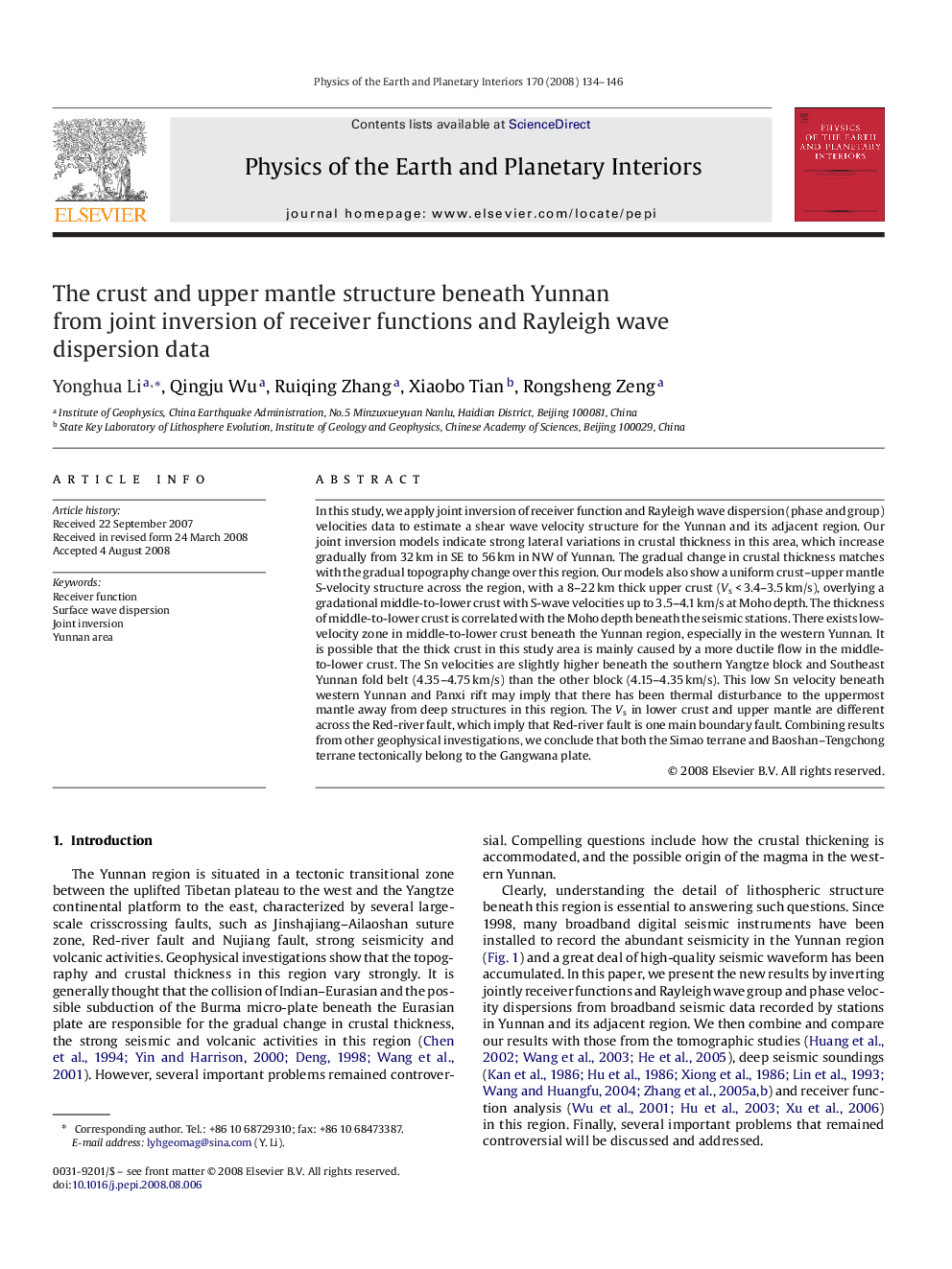 The crust and upper mantle structure beneath Yunnan from joint inversion of receiver functions and Rayleigh wave dispersion data