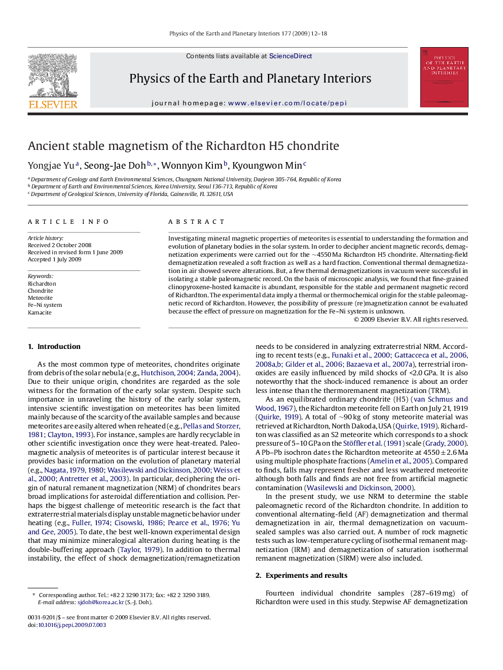 Ancient stable magnetism of the Richardton H5 chondrite