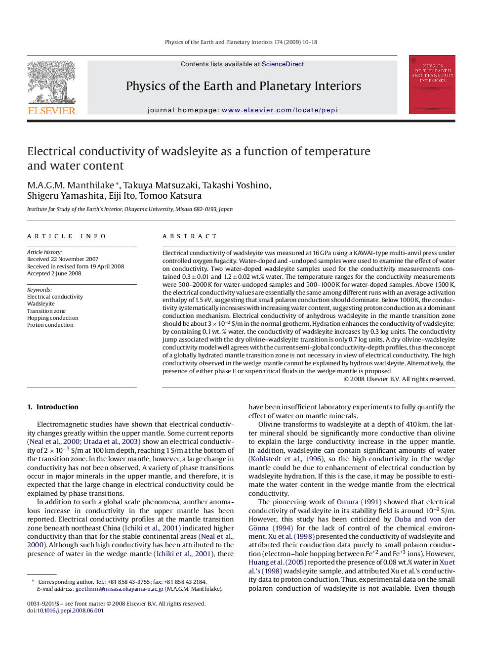 Electrical conductivity of wadsleyite as a function of temperature and water content