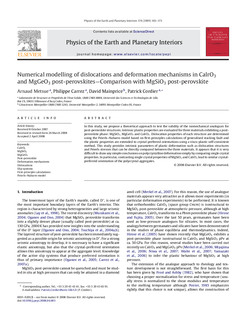 Numerical modelling of dislocations and deformation mechanisms in CaIrO3 and MgGeO3 post-perovskites—Comparison with MgSiO3 post-perovskite