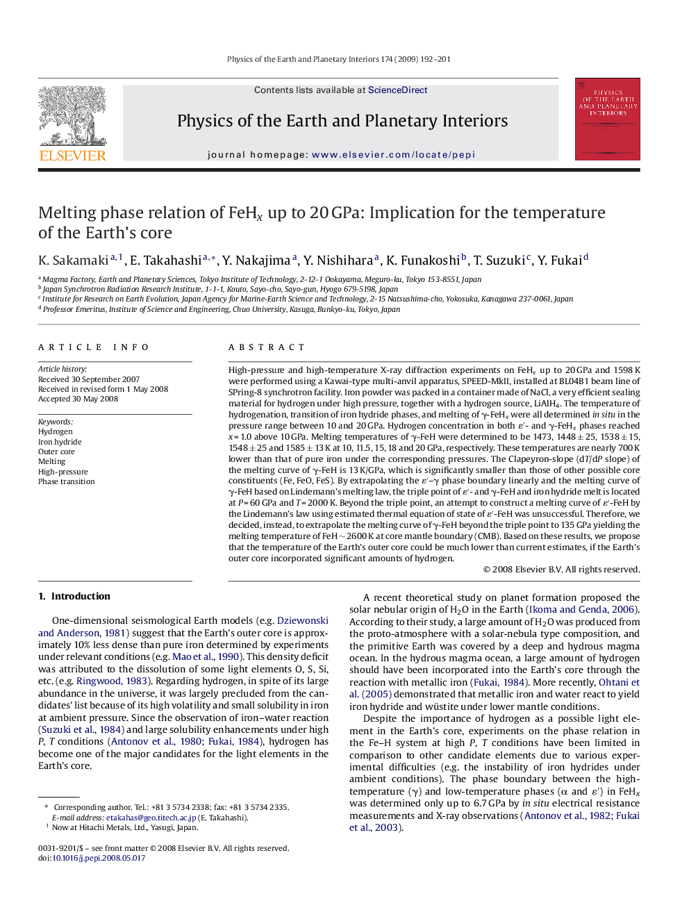 Melting phase relation of FeHx up to 20 GPa: Implication for the temperature of the Earth's core