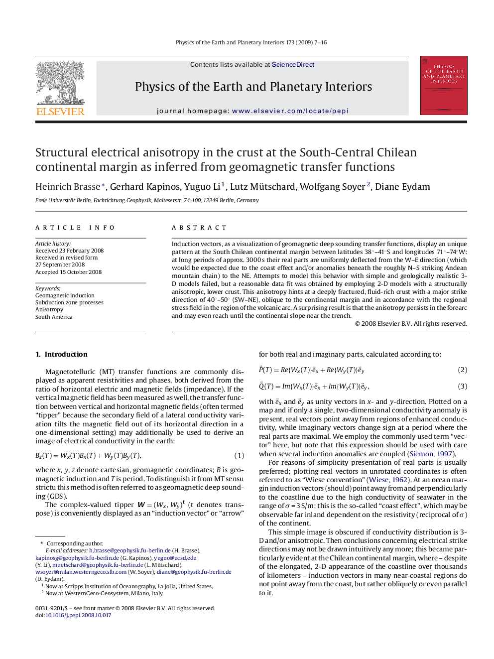 Structural electrical anisotropy in the crust at the South-Central Chilean continental margin as inferred from geomagnetic transfer functions