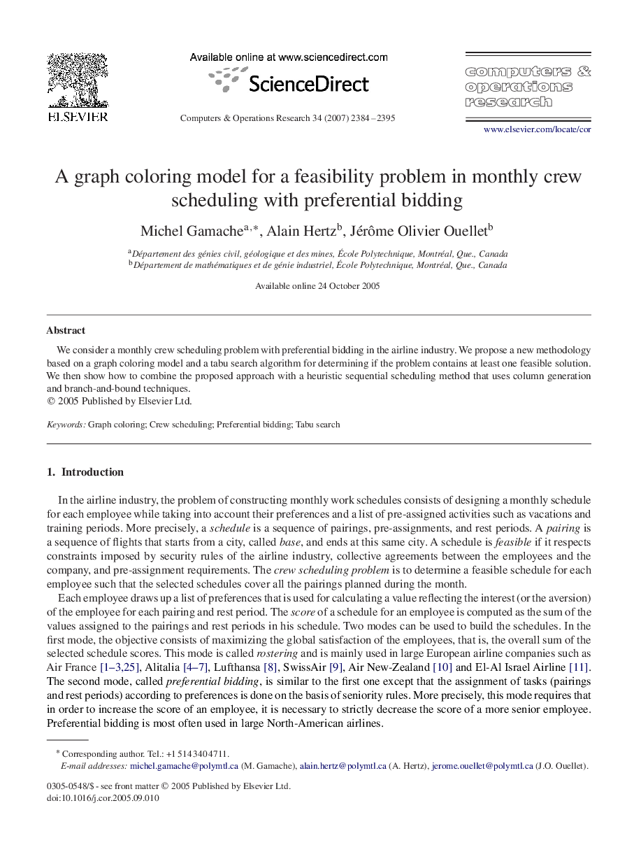 A graph coloring model for a feasibility problem in monthly crew scheduling with preferential bidding