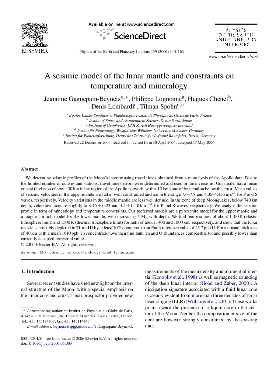 عکس صفحه اول مقاله: A seismic model of the lunar mantle and constraints on temperature and mineralogy A seismic model of the lunar mantle and constraints on temperature and mineralogy