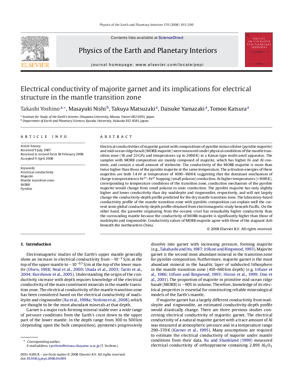 Electrical conductivity of majorite garnet and its implications for electrical structure in the mantle transition zone