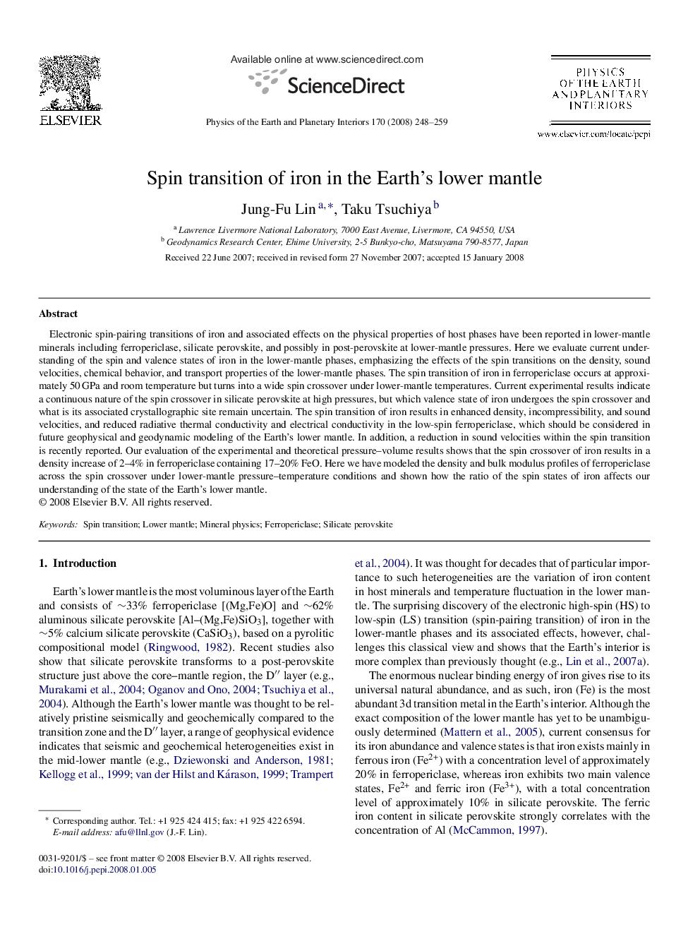 Spin transition of iron in the Earth's lower mantle