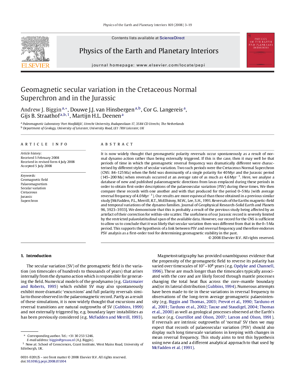 Geomagnetic secular variation in the Cretaceous Normal Superchron and in the Jurassic