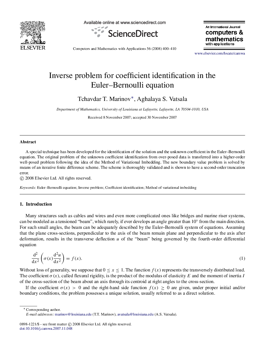 Inverse problem for coefficient identification in the Euler–Bernoulli equation