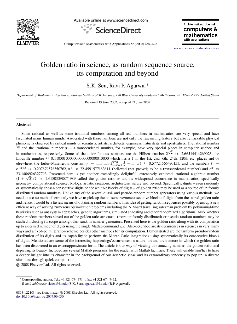 Golden ratio in science, as random sequence source, its computation and beyond