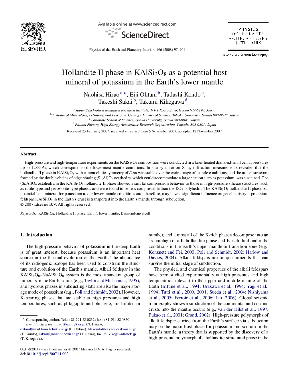 Hollandite II phase in KAlSi3O8 as a potential host mineral of potassium in the Earth's lower mantle