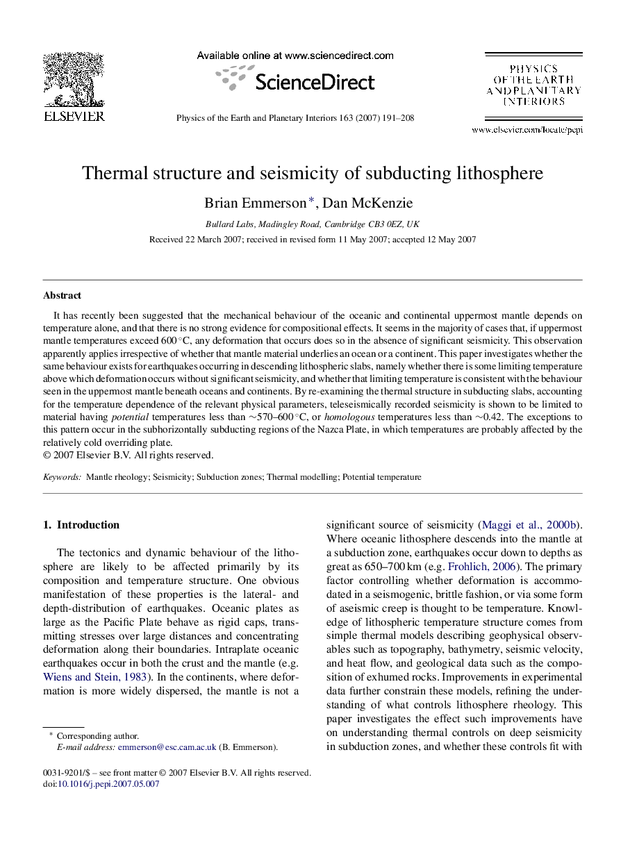 Thermal structure and seismicity of subducting lithosphere