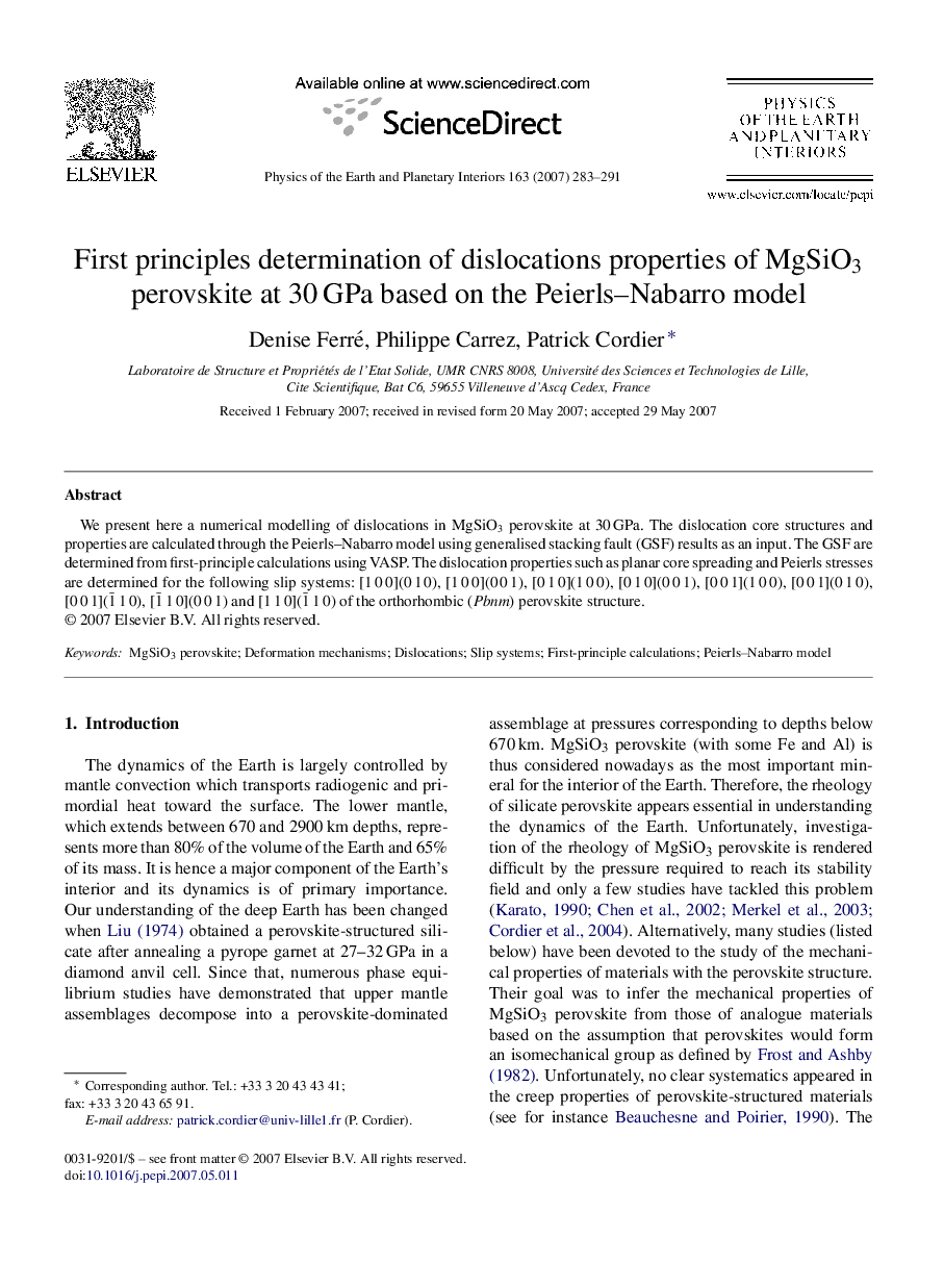 First principles determination of dislocations properties of MgSiO3 perovskite at 30 GPa based on the Peierls–Nabarro model