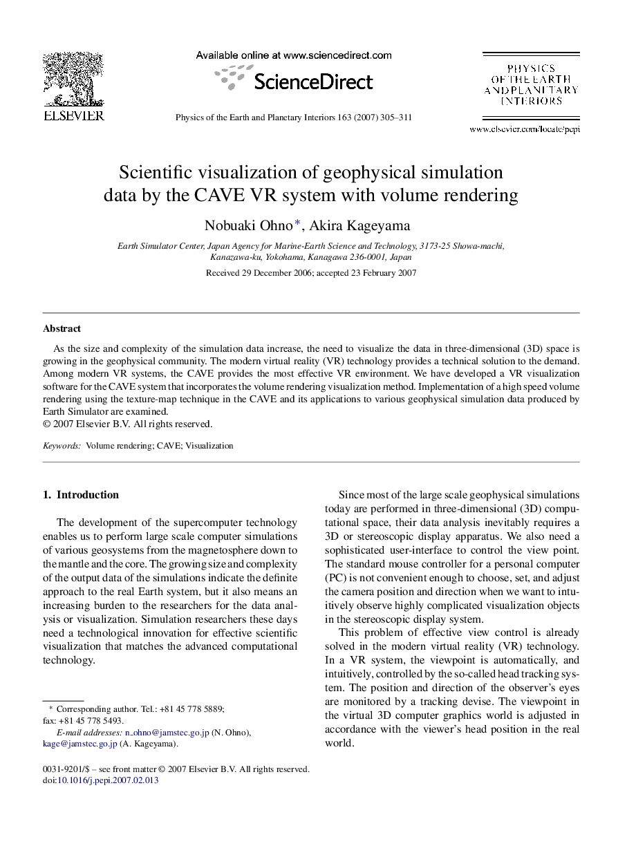 Scientific visualization of geophysical simulation data by the CAVE VR system with volume rendering