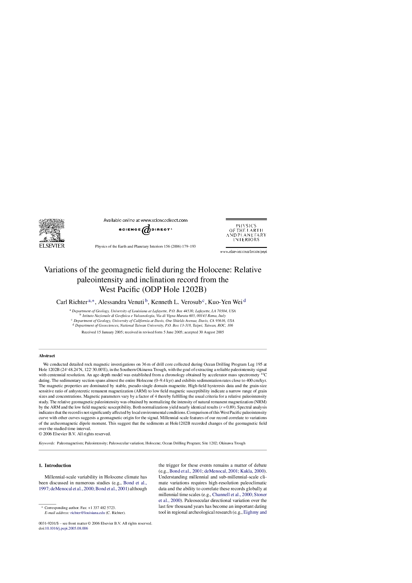 Variations of the geomagnetic field during the Holocene: Relative paleointensity and inclination record from the West Pacific (ODP Hole 1202B)